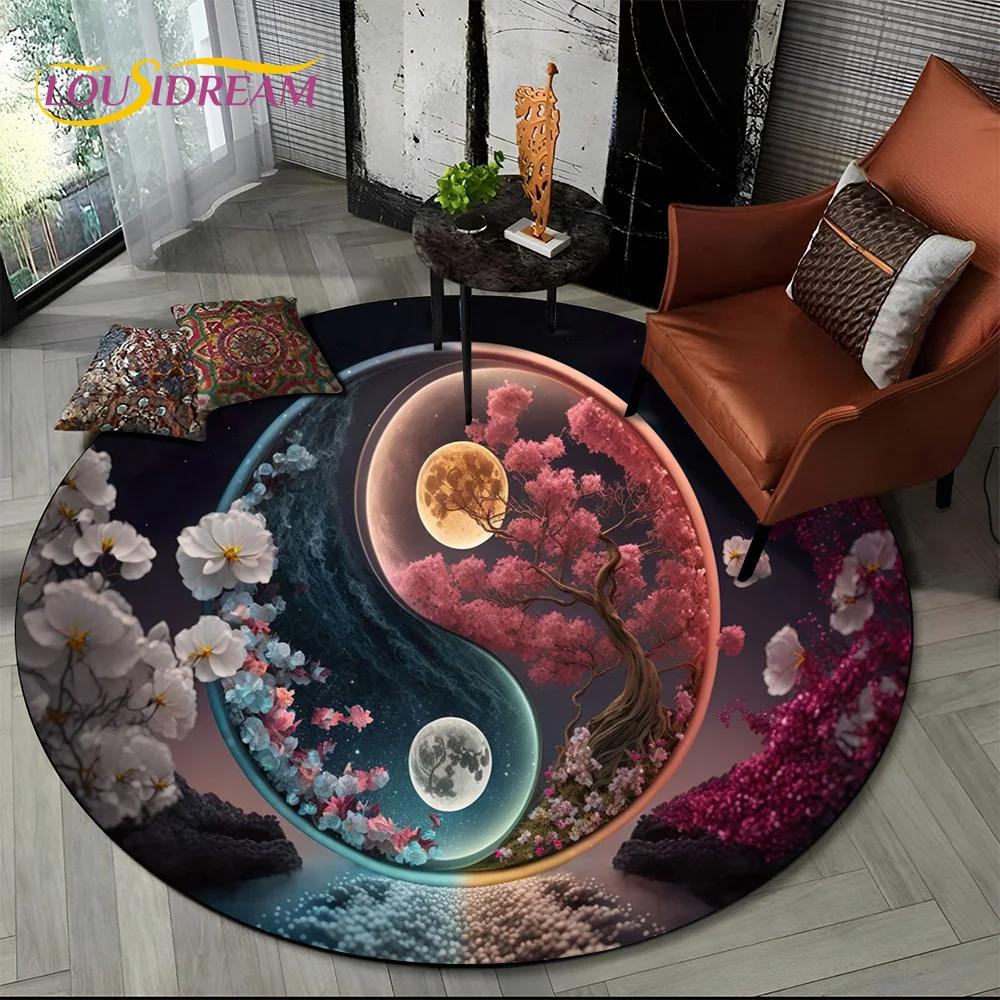 3D Yin Yang Tai Chi Round Area Rug–Symbolizing Balance, Circular Carpet for Living Room or Bedroom–Non-Slip Floor Mat, Zen Decor