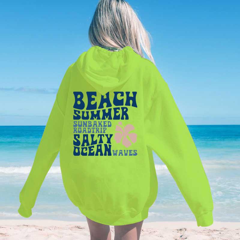 2024 Mode Floral Buchstaben Hoodie Damen Strand Sommer Salzig Ozeanwellen Grafik Kapuzenpullover Locker Langarm Ästhetik Sweatshirts