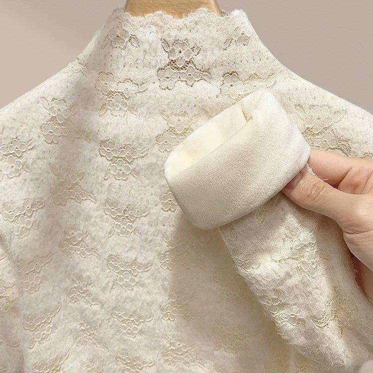 Dámská flanelová košile s vysokým límcem a krajkou - Stylová teplá základní vrstva pro podzim/zimu