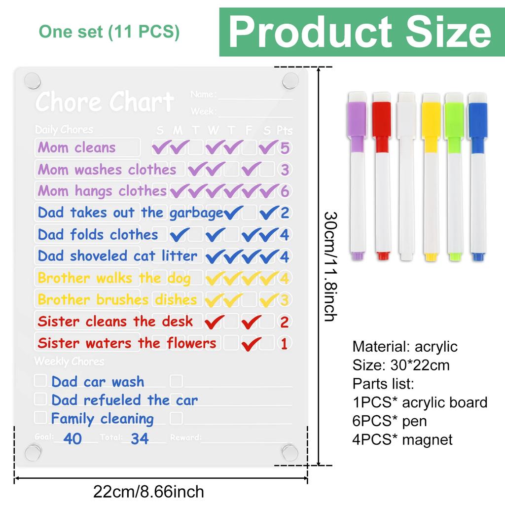 Acrylic Magnetic Chore Chart, Responsibility Reward Chore Board for Refrigerator 12"x8" Daily/Weekly To Do List White Board