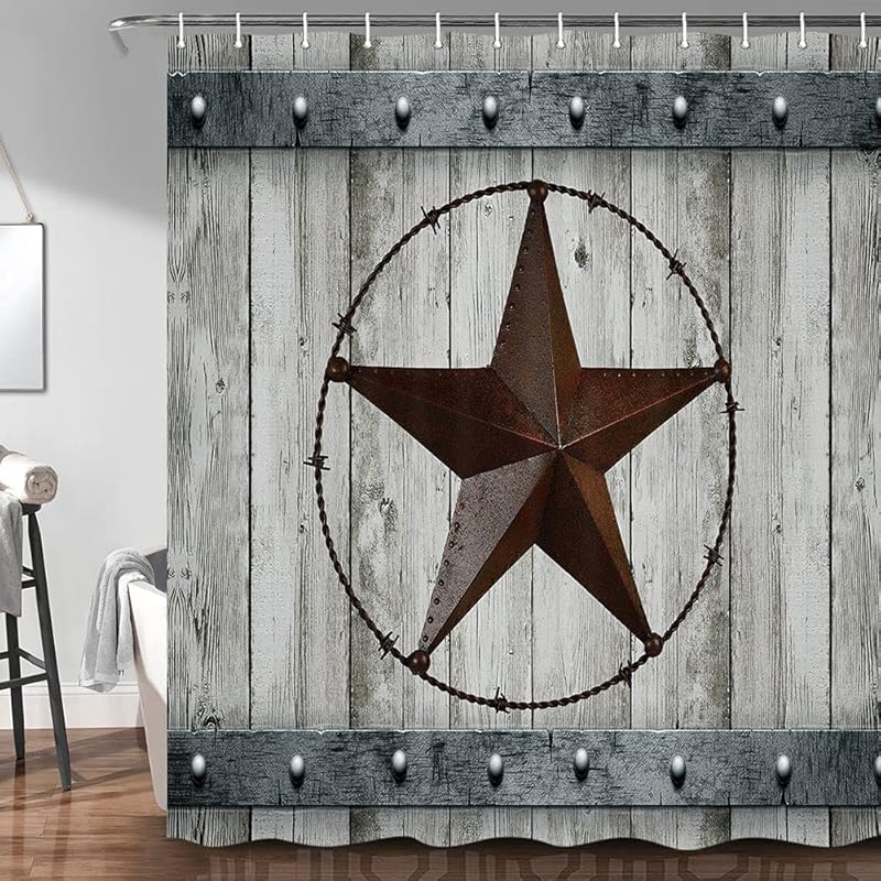 JAWO Rustic Barn Door Shower Curtain Set Southwestern Gray Wood Western Star Bathroom Decor, Farmhouse Bath Accessory Decor, Fabric Cloth Curtains,