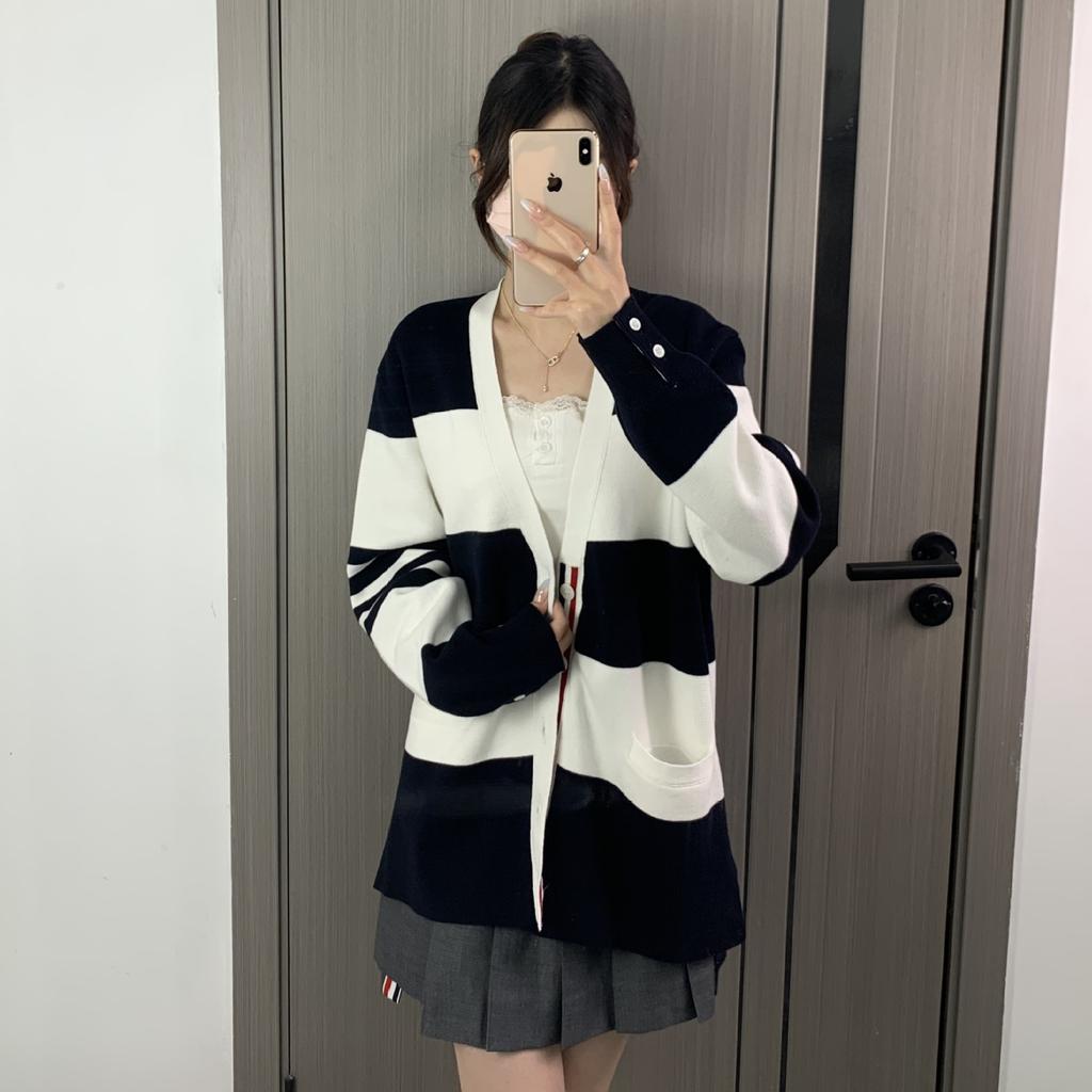 New TB Knitted Striped Four-bar Men's and Women's Casual V-neck High-end Versatile Cardigan Jacket