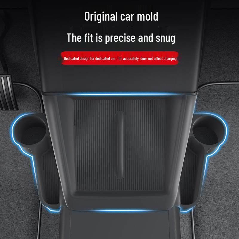 Tesla Wireless Charging Storage Pocket: Dustproof, Wear-resistant, Non-slip, Noiseless, with Dual Cup Holders.