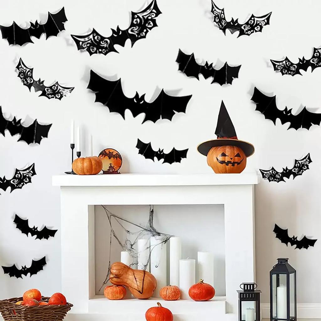 Spooky 3D Bats Wall Decor Halloween Sticker PVC Bats Window Decal Indoor Bathroom Home Party Decoration