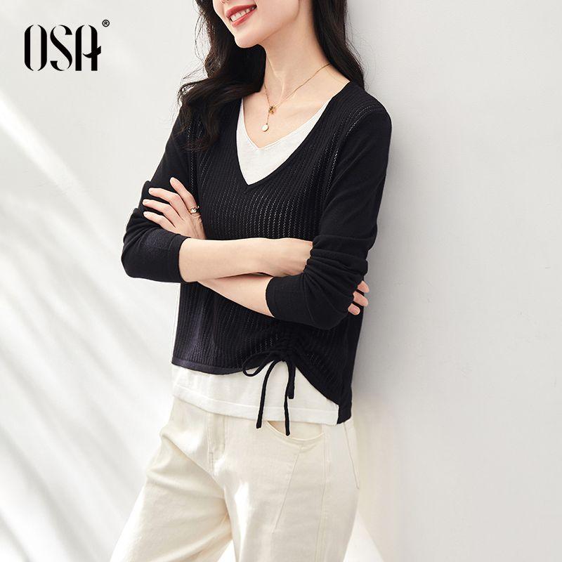 

OSA Black V-neck Long Sleeve Knitwear Slimming False Two-Piece Black M