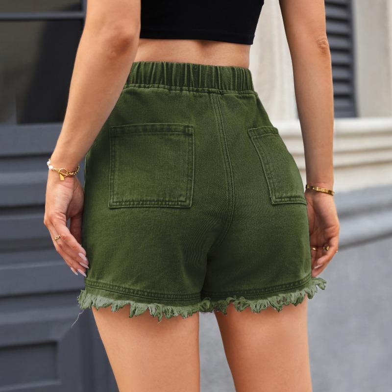 Elastic-waist Drawstring Casual High-waisted Furred Denim Shorts