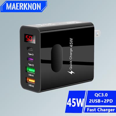 Φορτιστής USB C 45W Φορτιστής Γρήγορης Φόρτισης 4 Θύρες Ψηφιακή Οθόνη Φορτιστής Κινητού Τηλεφώνου PD Τροφοδοτικό για Samsung Xiaomi iPhone