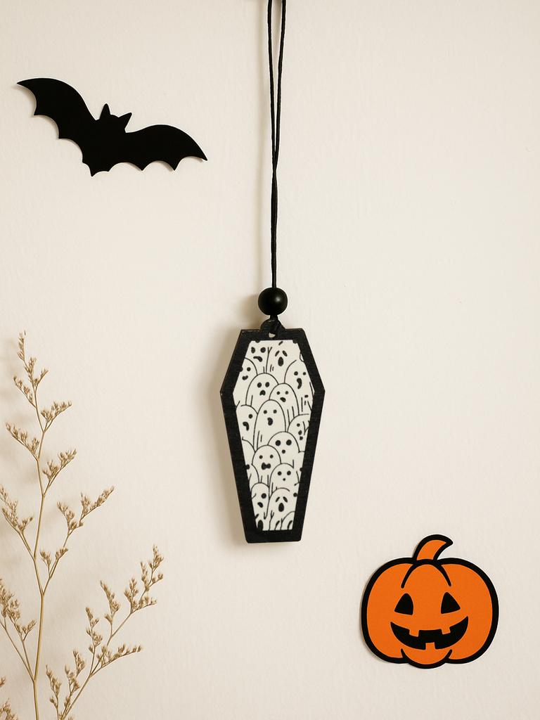 Halloween Wooden Coffin Hanging Decoration, Cute Ghost Decor Pendant, Car Rearview Mirror Ornament, Ideal Gift for Home & Party