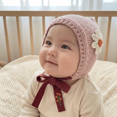 Solid Color Flower Lacing Hat Warm Winter Pullover Bonnet Fashion Baby Knit Beanie  Winter