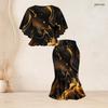 Women Plus Size Two Piece Set Round Neck Batwing Sleeve Ruffle Hem Top Black Gold Printed Fishtail Skirt