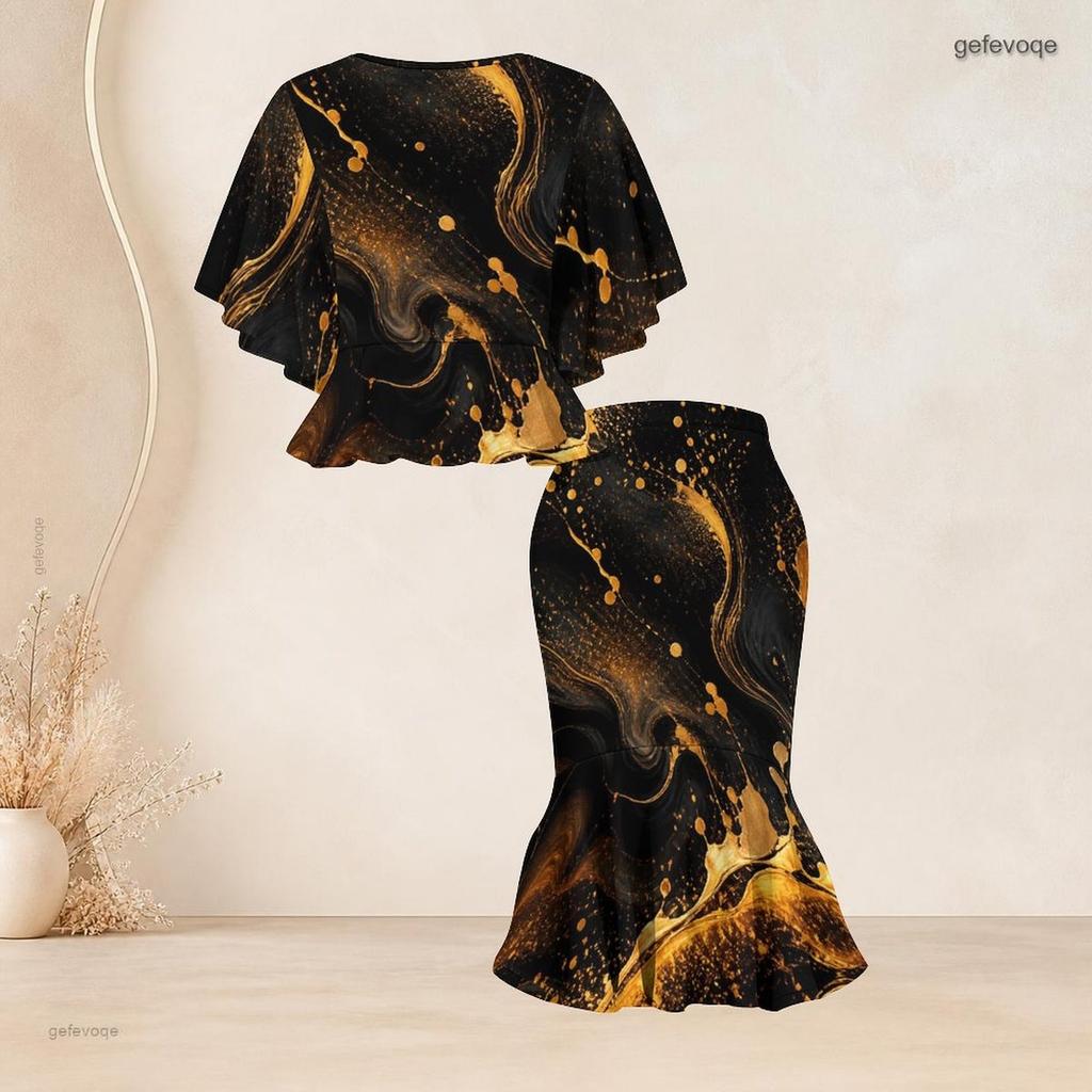 Women Plus Size Two Piece Set Round Neck Batwing Sleeve Ruffle Hem Top Black Gold Printed Fishtail Skirt