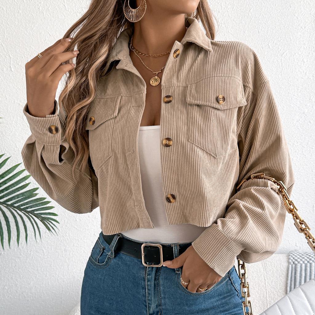 Women Spring Autumn Casual Long Sleeve Lapel Solid Color Pocket Corduroy Jacket Coat