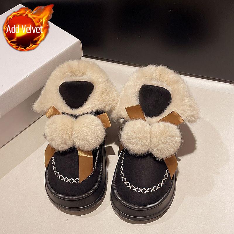 Fashion Cute Bow Snow Boots for Women Plush Round Toe Chunky Woman Shoes Non Slip Warm Footwear Trend 2025 Padded New in Winter Booties