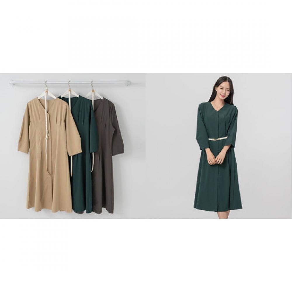 Shop   Women Waist Belt No Collar V Neck Pintuck Flare Balloon Long Dress Charco