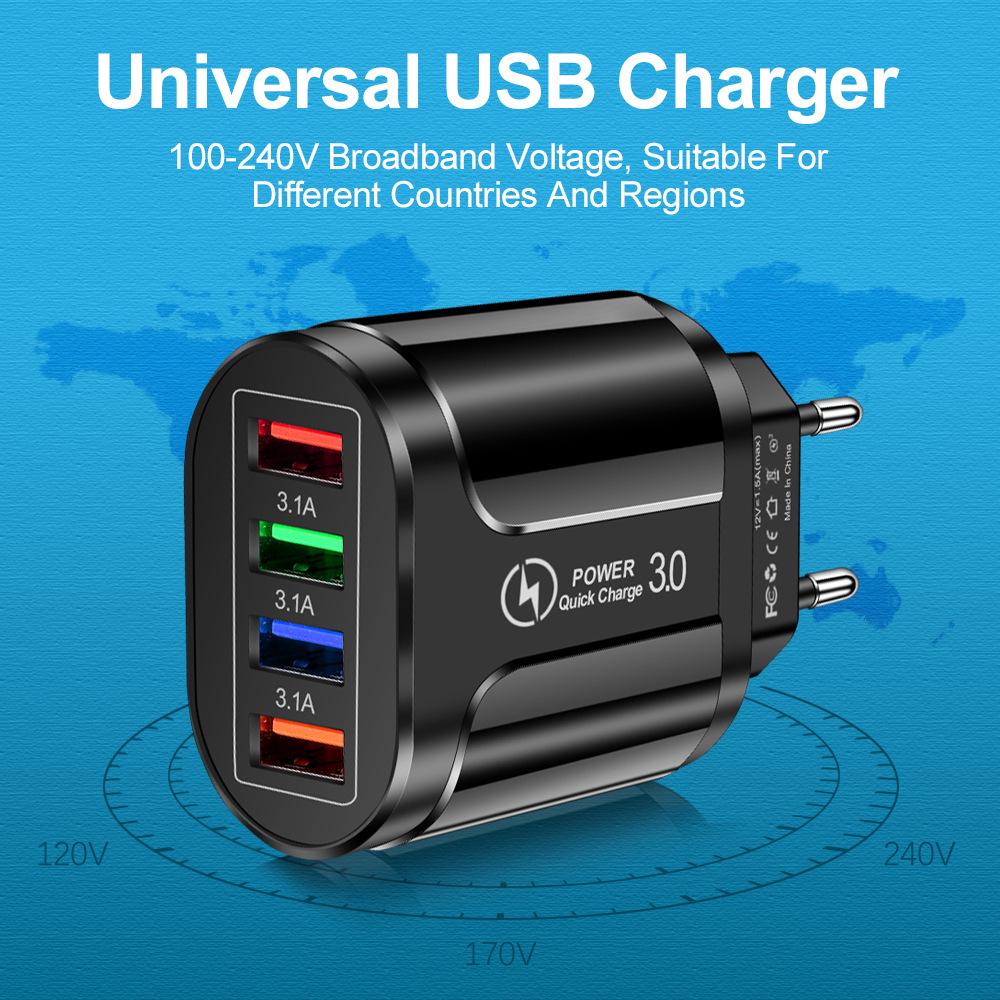 4-Port USB Mobile Charger 3A with LED Light - EU/US/UK Plug