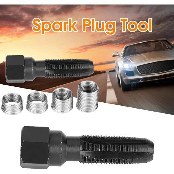Milltrip 5Pcs Carbon Steel Sparks Plug Thread Repair Kit - 14mm Re-thread Tap Tool with 4 Inserts, Professional Cylinder Head Rethreading Tools for