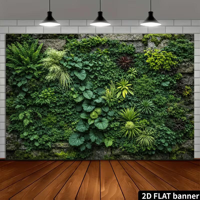 2D Lush Green Plant Banner, Moss Stone Wall Jungle Party Photo Booth Background
