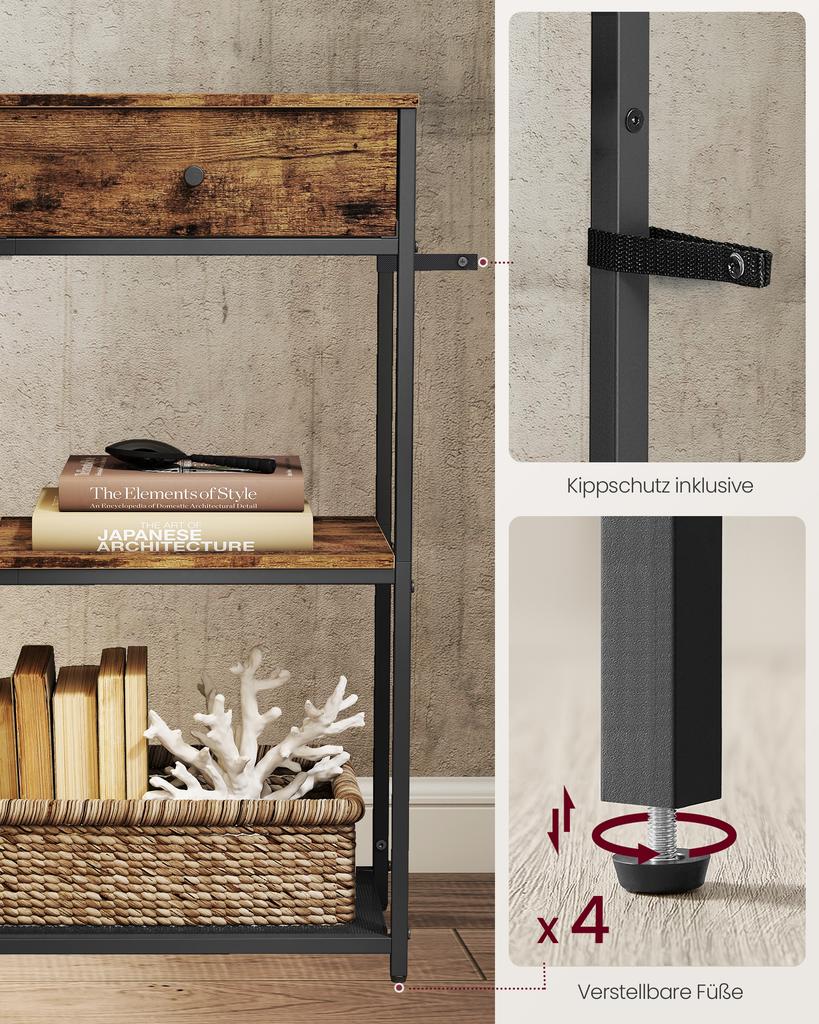 VASAGLE Narrow Console Table with 2 Fabric Drawers, 3-Tier Entryway Sofa Table, 24 x 76 x 80 cm, for Hallway, Living Room, Rustic Brown and Ink Black
