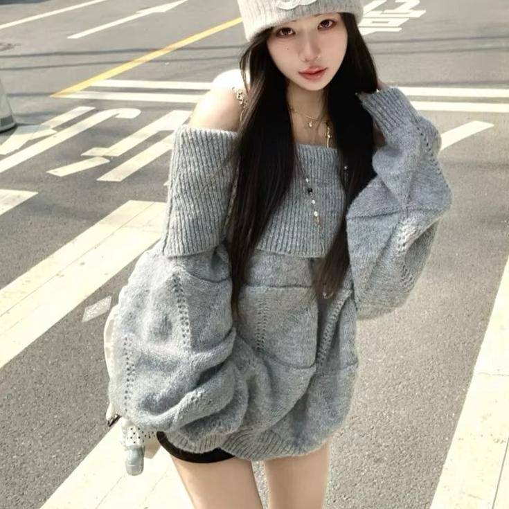 New Fashion Chic Off Shoulder Sweater Women's 2026 Pullovers Autumn Knit Tops Long Sleeve Sexy Elegant Winter Loose Korean Sweaters Basic Clothing