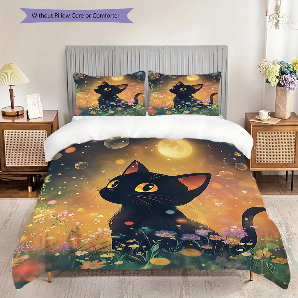 Black Cat Pattern Bedding Quilt Set Quilt Cover Pillowcase Home Decoration Birthday Gift (1 * Duvet Cover + 2 * Pillowcase, Without Core)