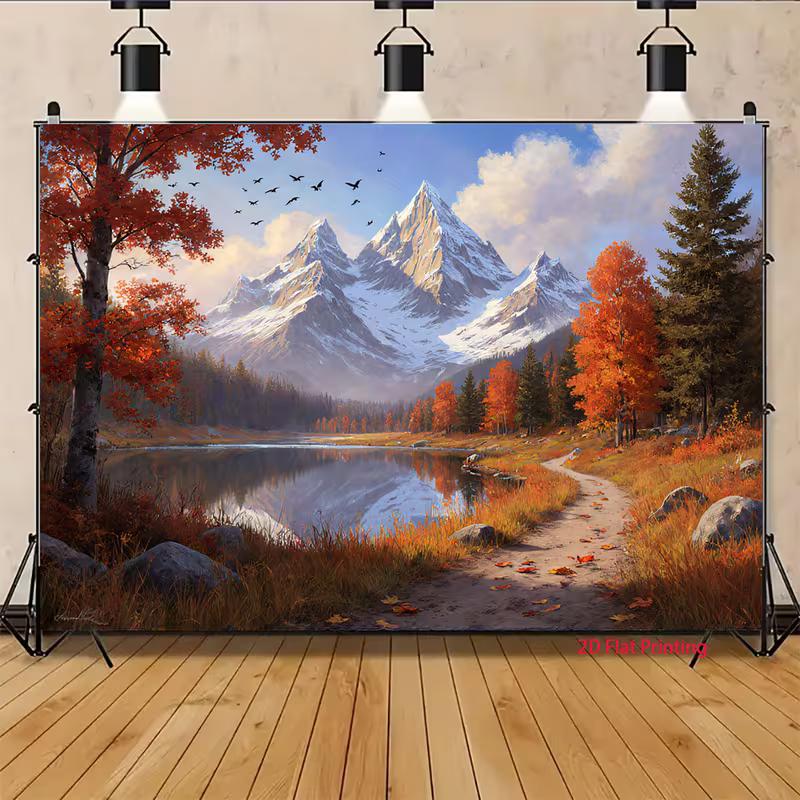 2D Majestic Autumn Snow Mountain Lake Photography Backgroun