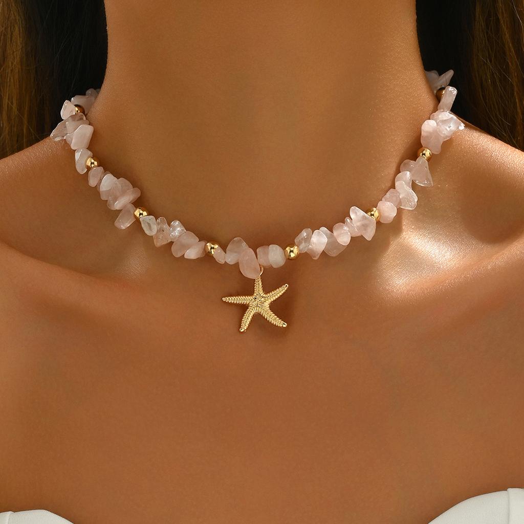 Chip Stone Choker Necklace for Women Starfish Pendant Boho Beach Adjustable Multicolor Summer Fashion Jewelry