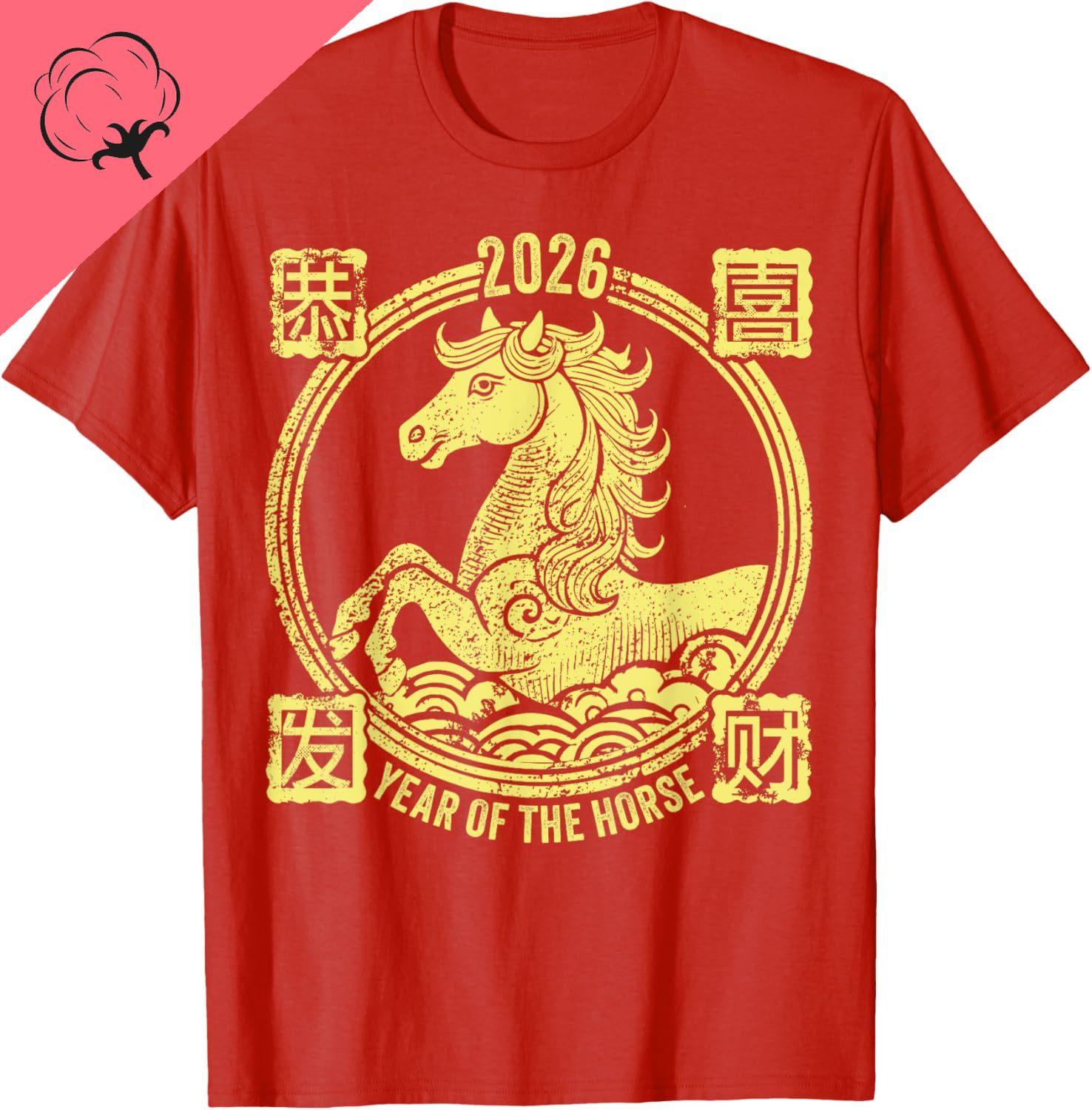 

Happy Chinese New Year Sweat Horse 2026 New Year Cotton TShirt Horse Lover T Shirt Year of The Horse Vintage Shirt S