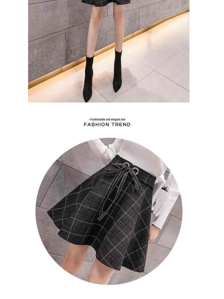 Fustă A-line cu talie înaltă din lână cu carouri pentru femei - Toamnă/Iarnă 2025 Stil coreean Fustă umbrelă