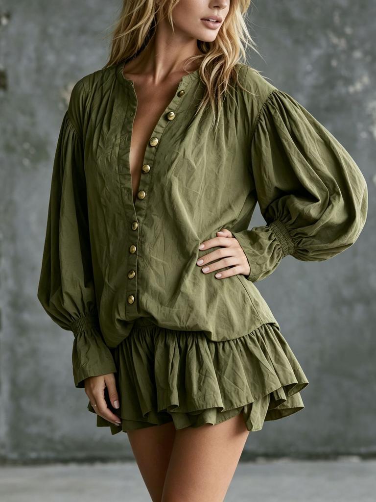 European and American new V-neck lantern sleeve ruffle edge dress women's long-sleeved casual vacation style solid color dress