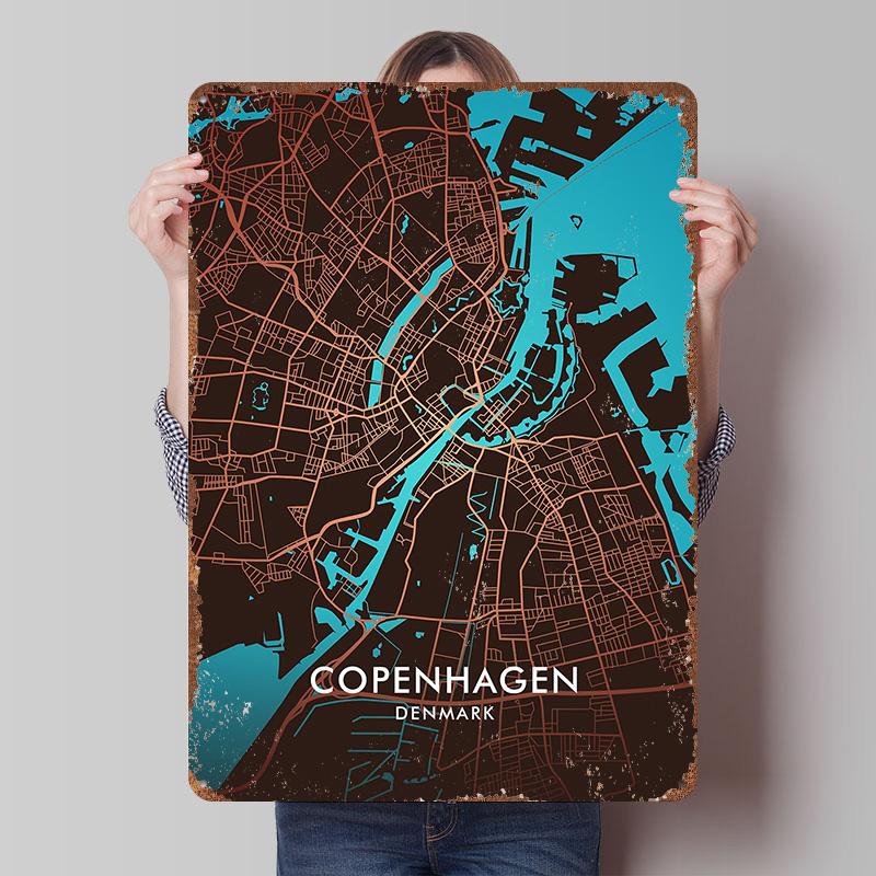 

Copenhagen City Map Poster Customized Wall Art Vintage Metal Signs Retro Tin Plaque for Man Cave Gaming Room Decoration Cozy 20x30cm（7.8x11.8inch）