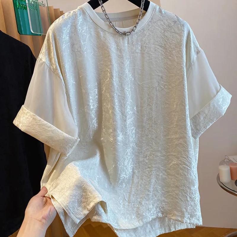 

Women s Black Textured Short Sleeve Top Sheer Mesh Panel Loose Casual Blouse L