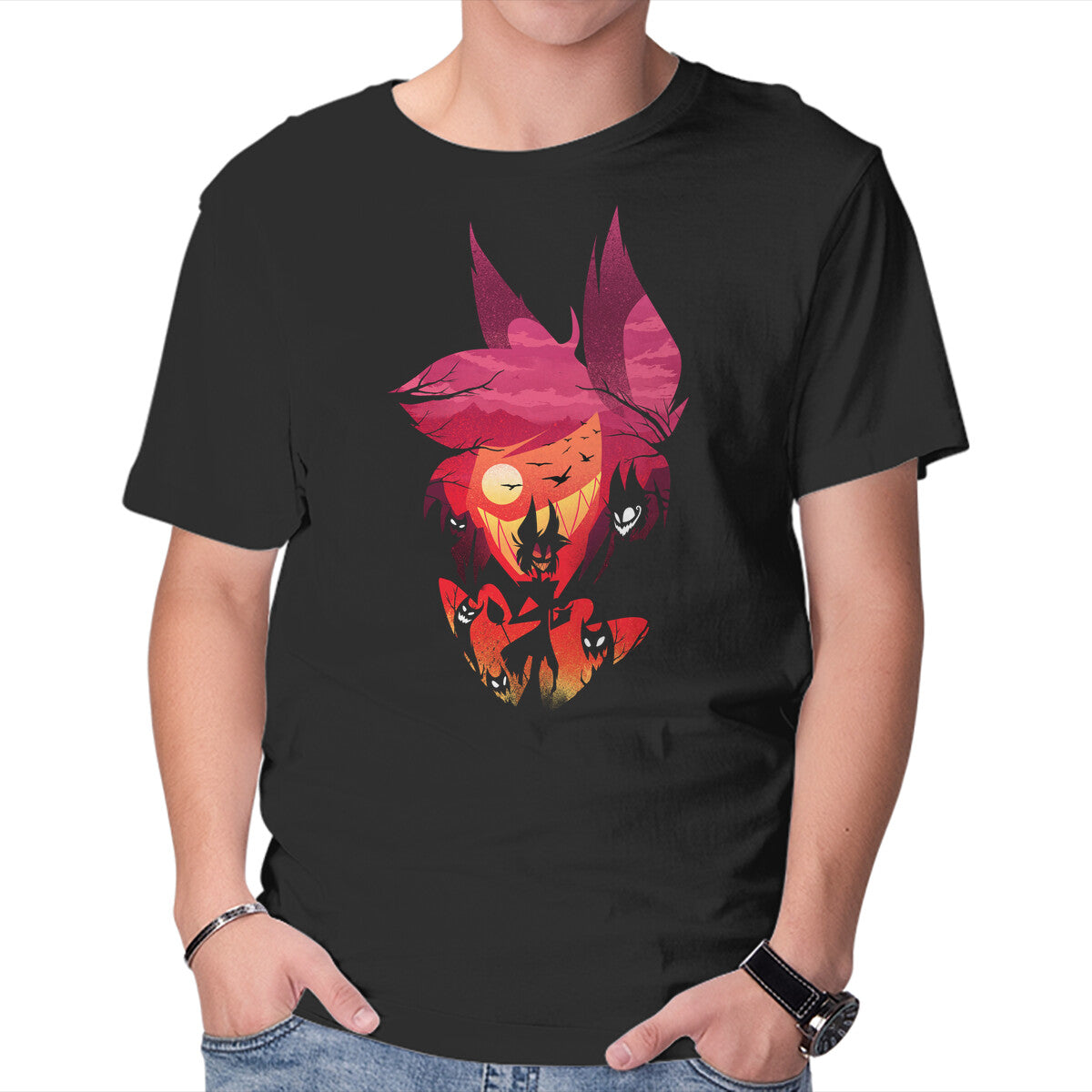 Unisex Crew Neck T-Shirt Alastor Sunset Graphic Short Sleeve Casual Tee M