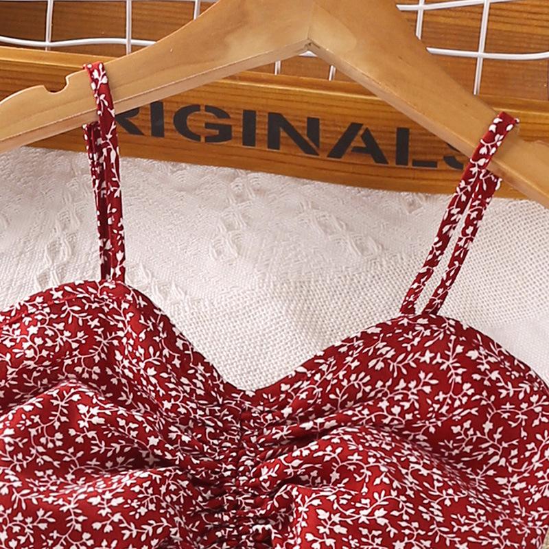 2024 Summer Suspender Girls Short Sleeve Top + Floral Skirt 2 Pcs Suit Children's Clothing