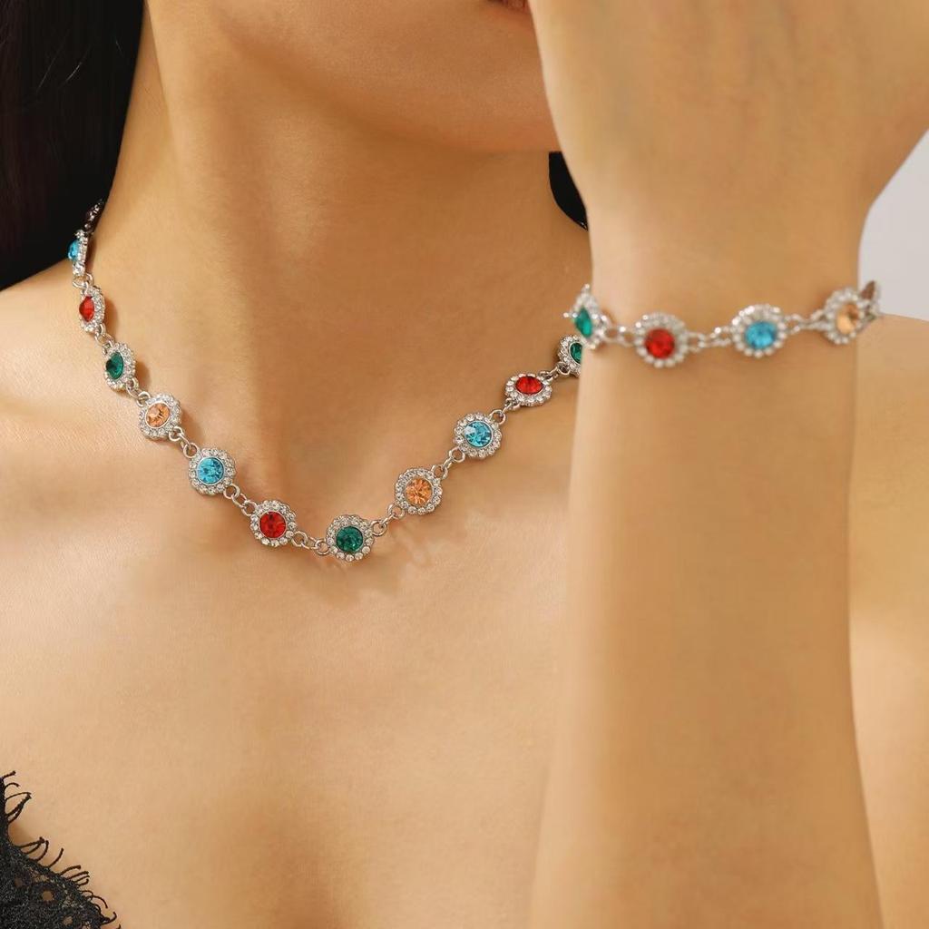 Französisch Retrofarbenes Dopamin Imitationsdiamantenbesetztes Sonnenblumen Halskette Armband Set