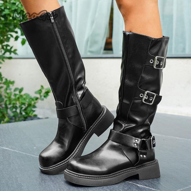 Fashion Soft PU Leather Women's Autumn Black Brown Long Boots Side Zip Belt Buckle Ladies Fashion Knee-High Bottes Femmes Western Style