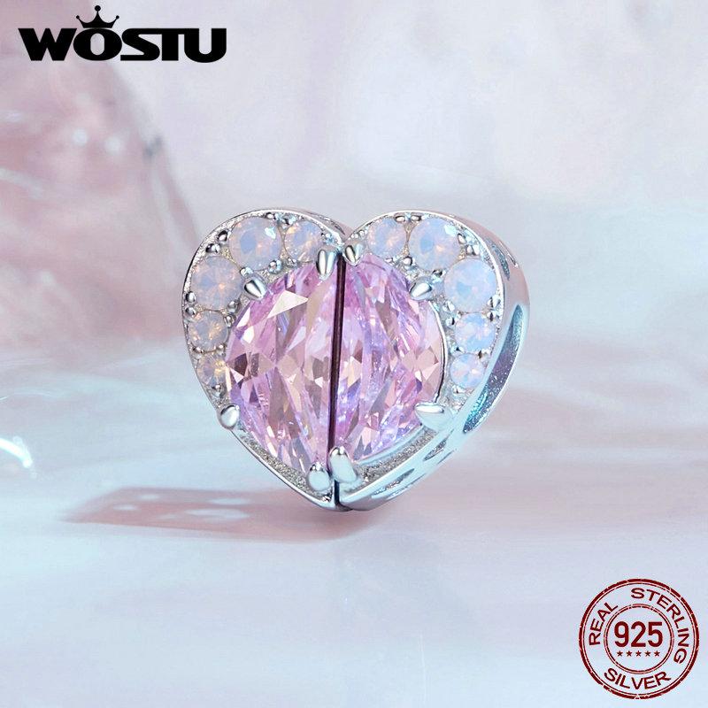 WOSTU 925 Sterling Silver Pink Couple Hearts Charm Star Bear Beads Dolphin Pendants Fit Original Bracelet DIY Jewelry
