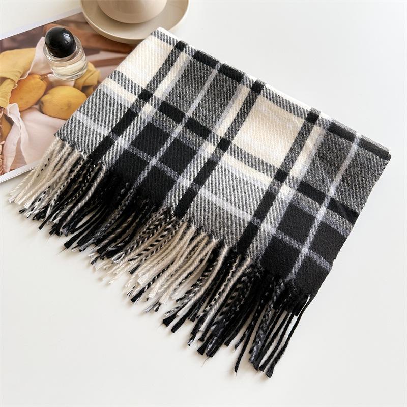 Japan and South Korea sweet imitation cashmere plaid warm shawl scarf unisex autumn and winter fashion versatile fringed scarf