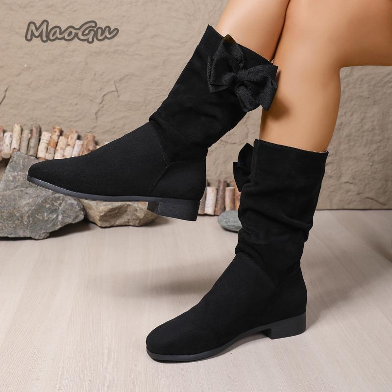 Fashion 2025 Autumn New Women's Mid-calf Boots Slip on Pleated Bowknot Short Boots Fashion PU Suede Ladies Botas Para Mujer Large Size36
