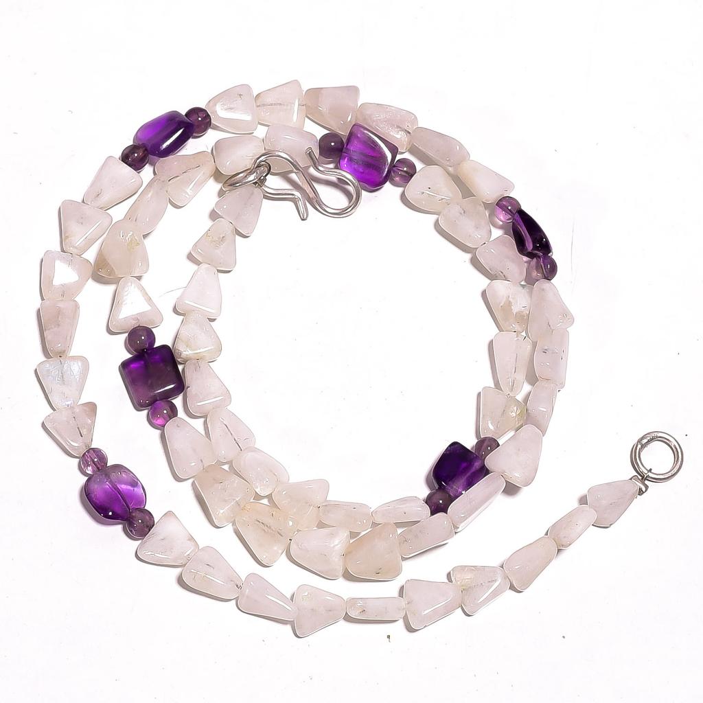 Natural Rainbow Moonstone Amethyst Gemstone Smooth Beads Necklace 17" UB-2972 UB-2972