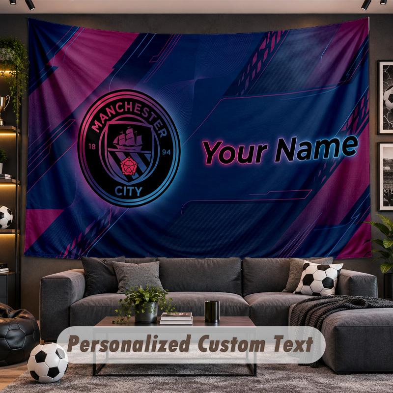 Manchester City Personalized Tapestry Support Custom Name, Wall Art Home Decoration