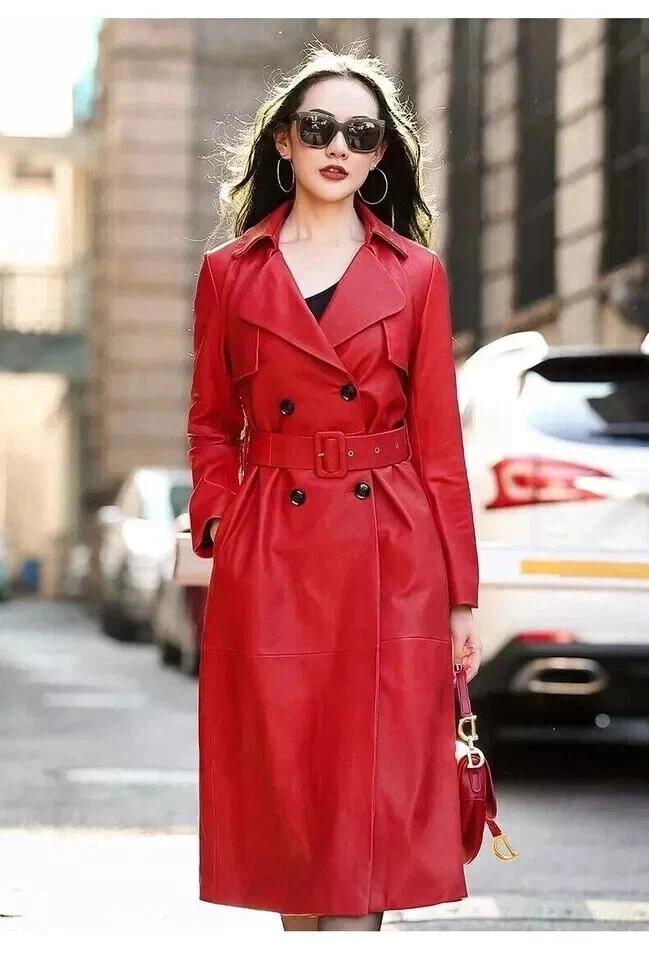 Women Original Leather Trench Stylish Casual Soft Fit Coat Red Handmade Lambskin Genuine