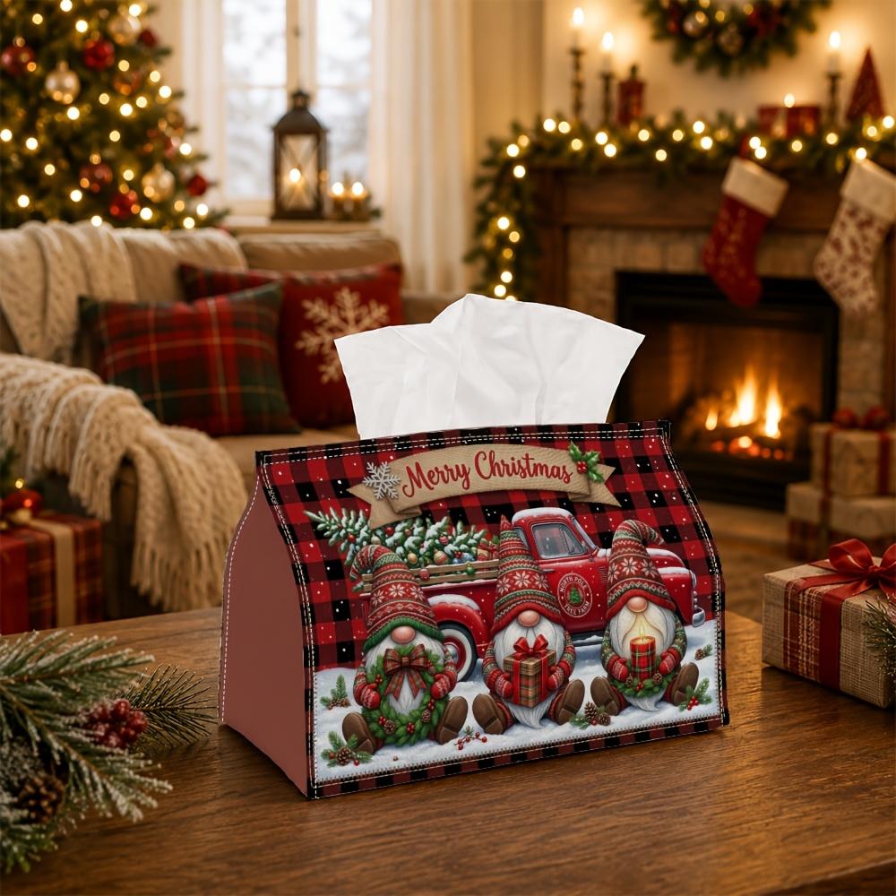 1pc Whimsical Winter Folklore Tissue Box - Gnome Trio Vintage Truck Pine Tree Napkin Storage Box, Suitable for Rolls/Facial Tissues, Multi-Functional