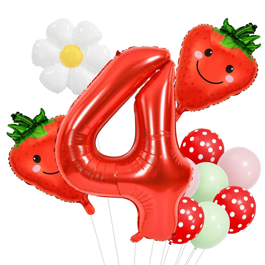 12pcs Strawberry and Red Polka Dot Digital Balloon Set  40 Inch Aluminum Foil, Suitable for Birthday Parties and Celebrations