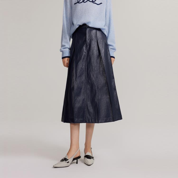 ELLE French Design Pleated Midi Skirt Solid Color Vintage Style Leather Long Skirt Women skirts Dark-Blue ER40050