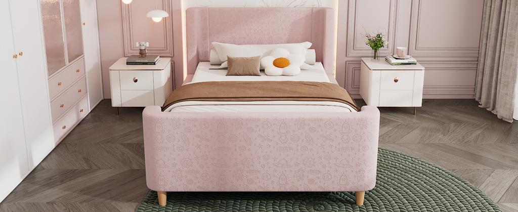 Children's Bed Upholstered Bed, Single Bed Sleigh Bed with Cosmic Pattern, 90 x 200 cm, For Boys & Girls, Pink, Velvet (Without Mattress)