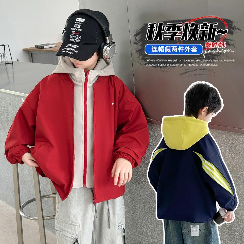 Boys' Spring and Autumn Coat 2026 New Style Big Boys' Spring Dress Boys' Red Spring Hooded Children's Handsome Fake Two Piece