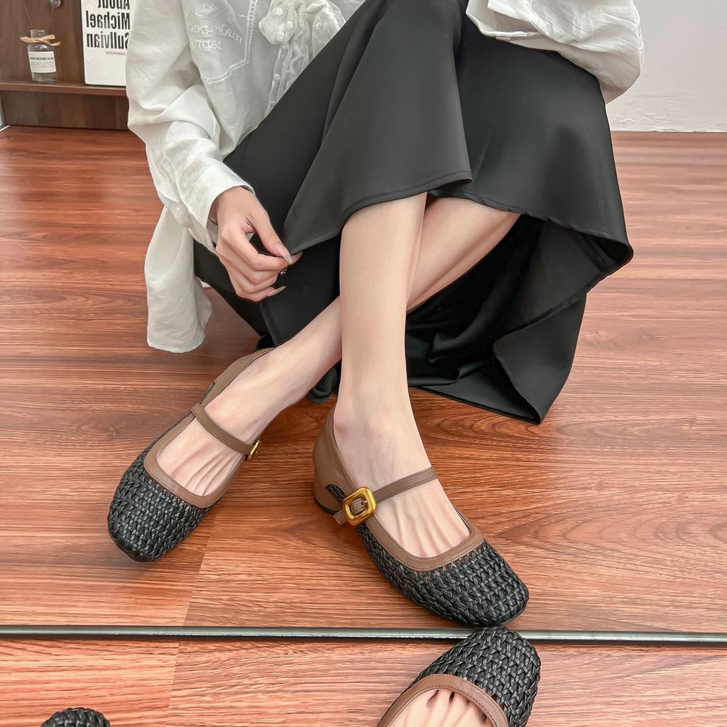 Autumn new Xiaoxiangfeng woven mesh breathable single shoes femininity high heels women are not tired feet Mary Jane shoes