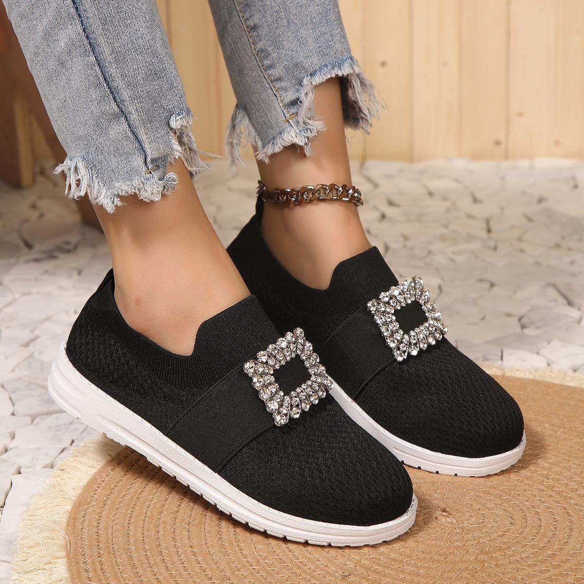 Повседневные туфли 2025 года хит продаж стразы квадратная пряжка сетчатая поверхность дышащая мелкий носок толстая подошва одна педаль летающие плетеные туфли большой размер 36 чёрный 3989₽