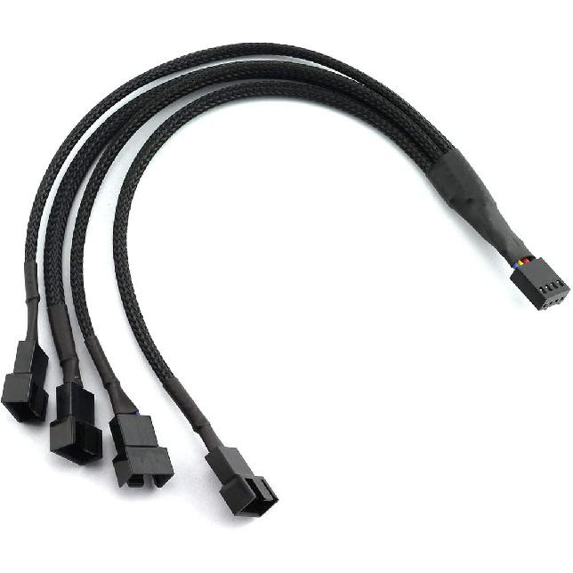 SDTC Tech PWM Fan Splitter Cable PC 4Pin 1 to 4 Ways Fan Power Extension Adapter Cable Black Sleeved Braided 4Pin Female to 4X 4Pin Male 27cm/10.5