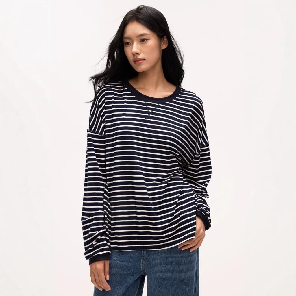 Women S Loose Fit Striped Long Sleeve Round Neck T Shirt Inner Wear